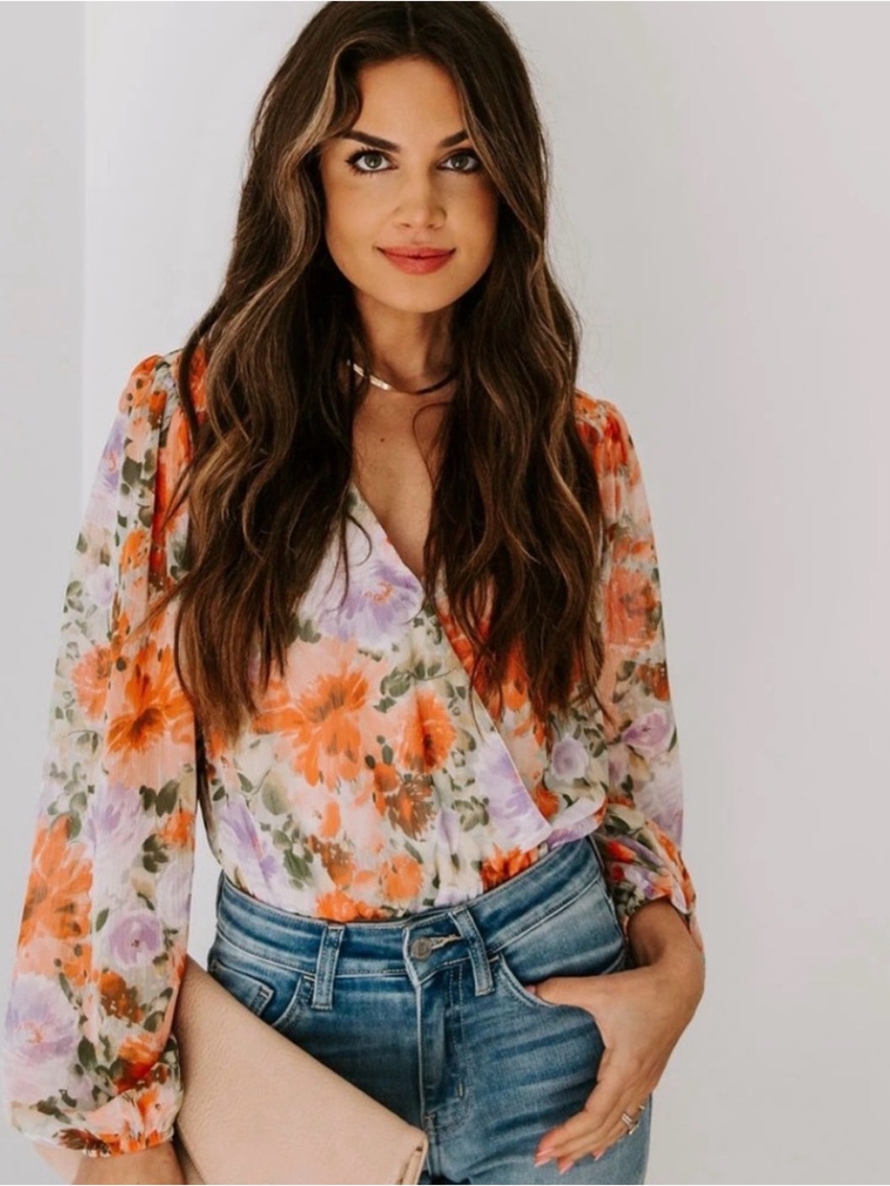 Peach Love California Floral Wrap Bodysuit in Sage, Coral & Lavender